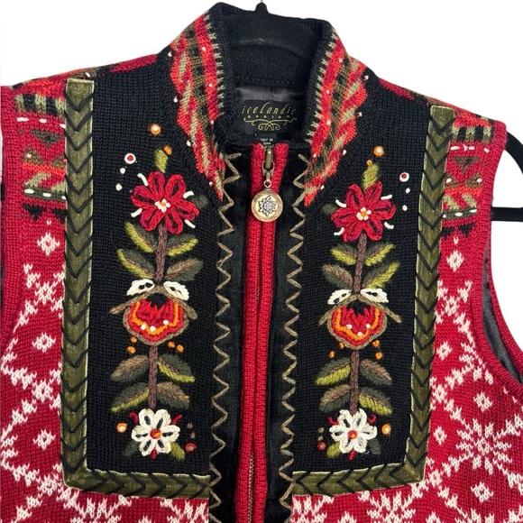 Icelandic Designs Wool Red Floral Knit Sweater Vest Size Small - Picture 2 of 14